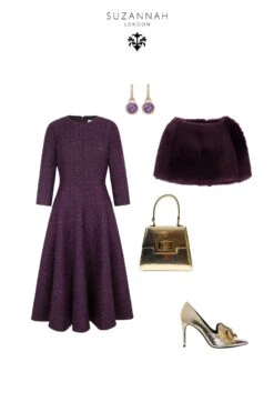 Lucy Midi Dress Metallic Tweed Aubergine -Lady Style Wear 372