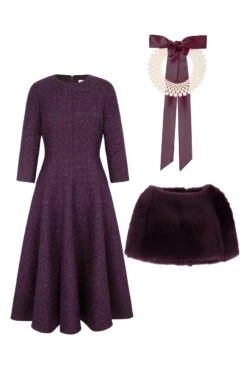 Lucy Midi Dress, Chunky Pearl Collar & Cape Aubergine