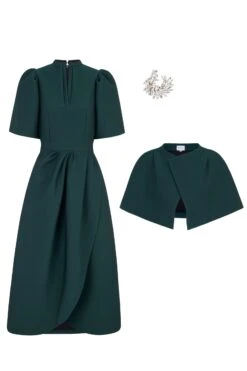 Delphine Forest Green Dress, Cape & Crystal Brooch