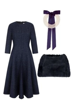 Lucy Midi Dress, Pearl Collar & Cape Navy