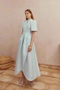 Delphine Dress Ice Blue Cloqué -Lady Style Wear Delphinebluemodel4WEB