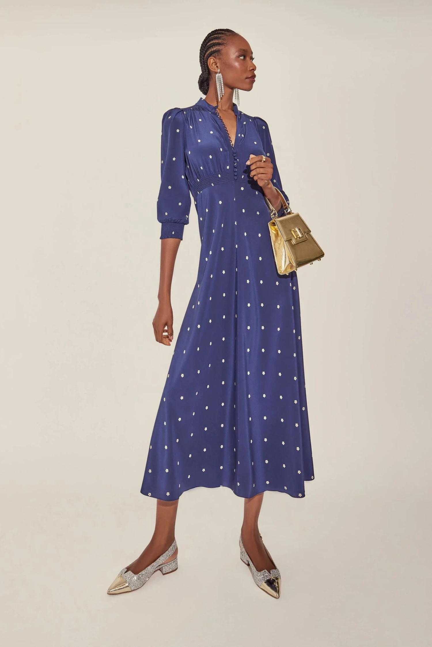 Gabriella Tea Dress Navy Pearl Daisy Dot - Image 4