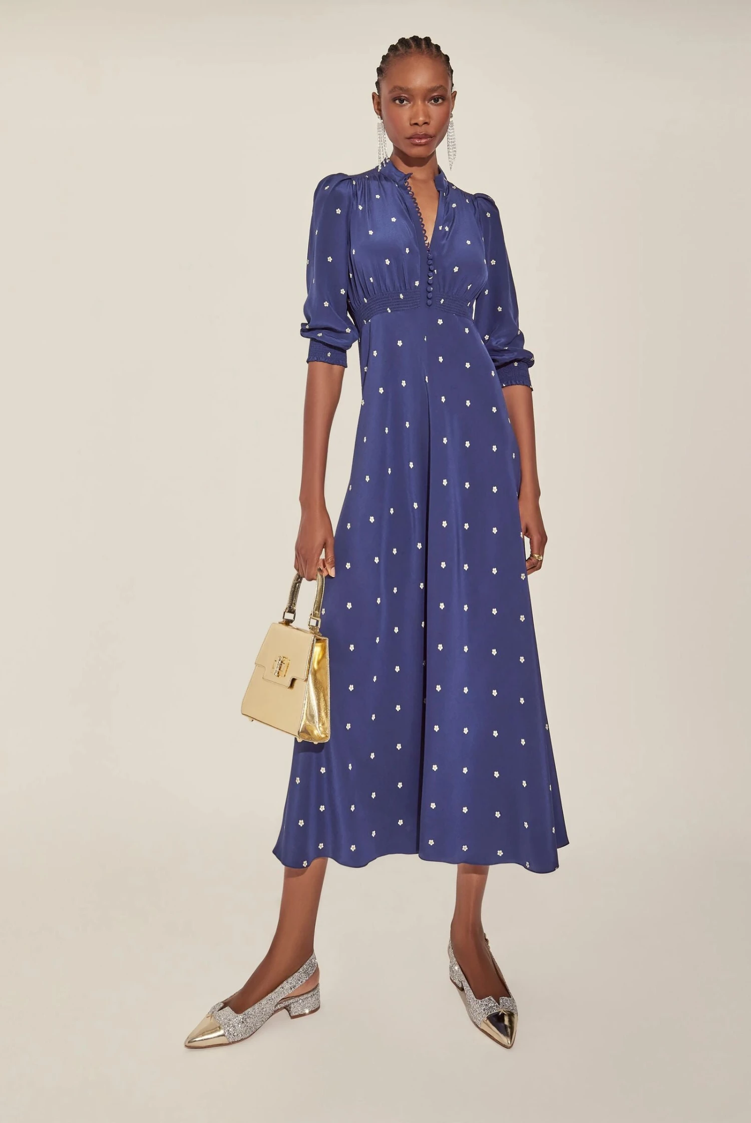 Gabriella Tea Dress Navy Pearl Daisy Dot - Image 2