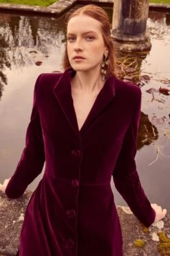 Louisa Coat Dress Sustainable Plum Velvet -Lady Style Wear LouisaCoatCottonVelvetPlum ProductPageWebSize 2