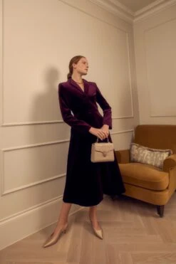 Louisa Coat Dress Sustainable Plum Velvet -Lady Style Wear LouisaPlumVelvetNEWOctShoot model1 ProductPageWebSize