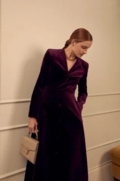 Louisa Coat Dress Sustainable Plum Velvet -Lady Style Wear LouisaPlumVelvetNEWOctShoot model2 ProductPageWebSize