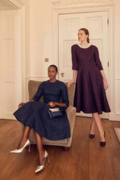 Lucy Midi Dress Metallic Tweed Aubergine -Lady Style Wear LucyDressNavyandAubergineTweedmodel5 ProductPageWebSize