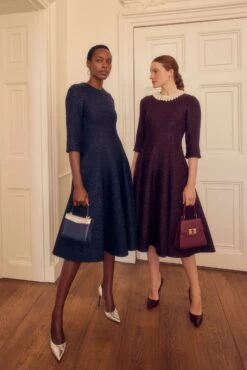 Lucy Midi Dress Metallic Tweed Aubergine -Lady Style Wear Lucy Dress Navy and Aubergine Tweed model 2 Product Page Web Size