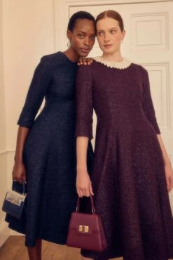 Lucy Midi Dress Metallic Tweed Aubergine -Lady Style Wear Lucy Dress Navy and Aubergine Tweed model 4 Product Page Web Size