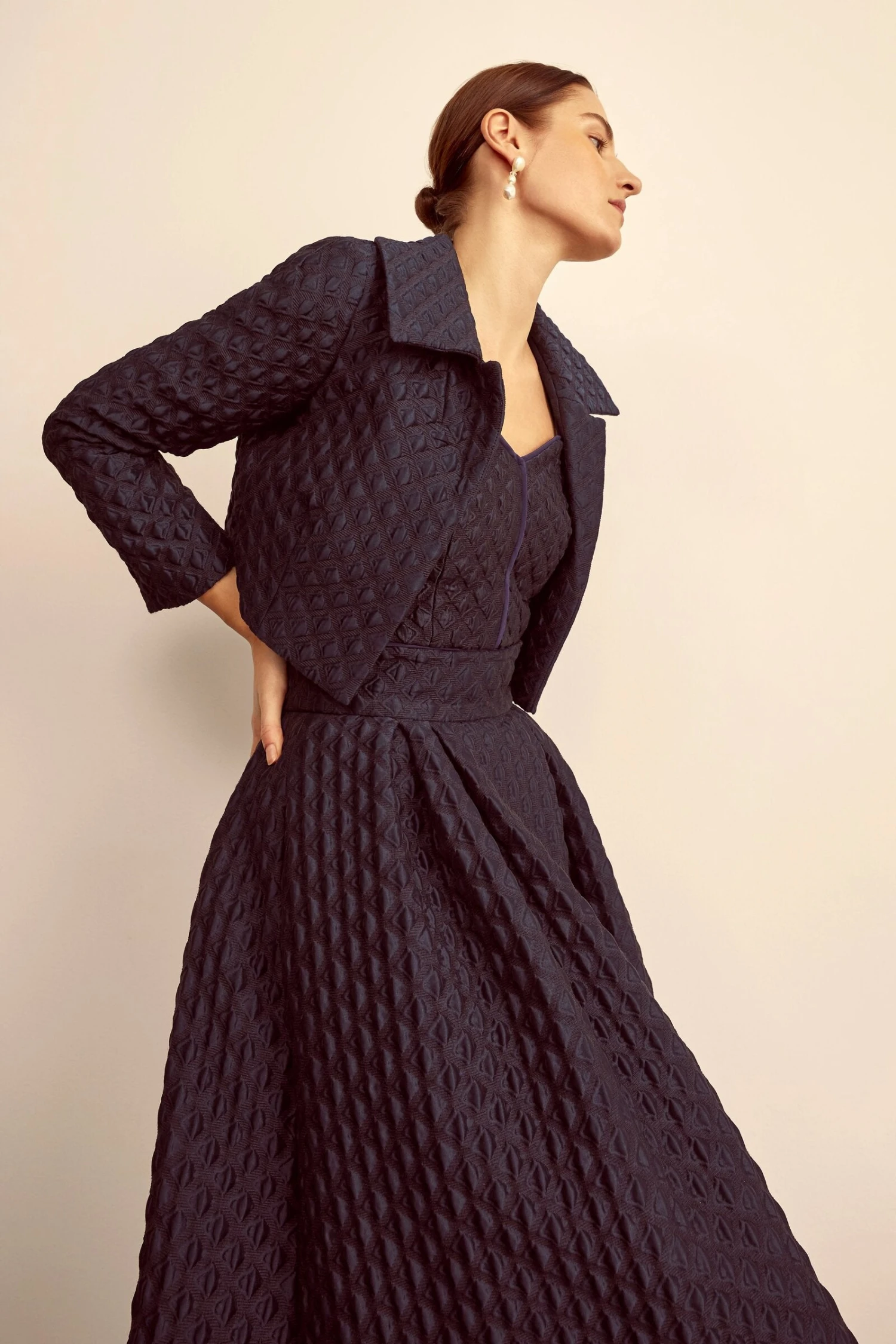 Remy Cropped Jacket Navy Diamond Cloqué 4 Remy Cropped Jacket Navy Diamond Cloqué - Image 2